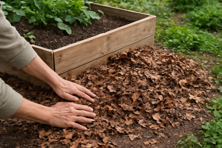 Hands spreading leaf mulch around a raised garden bed