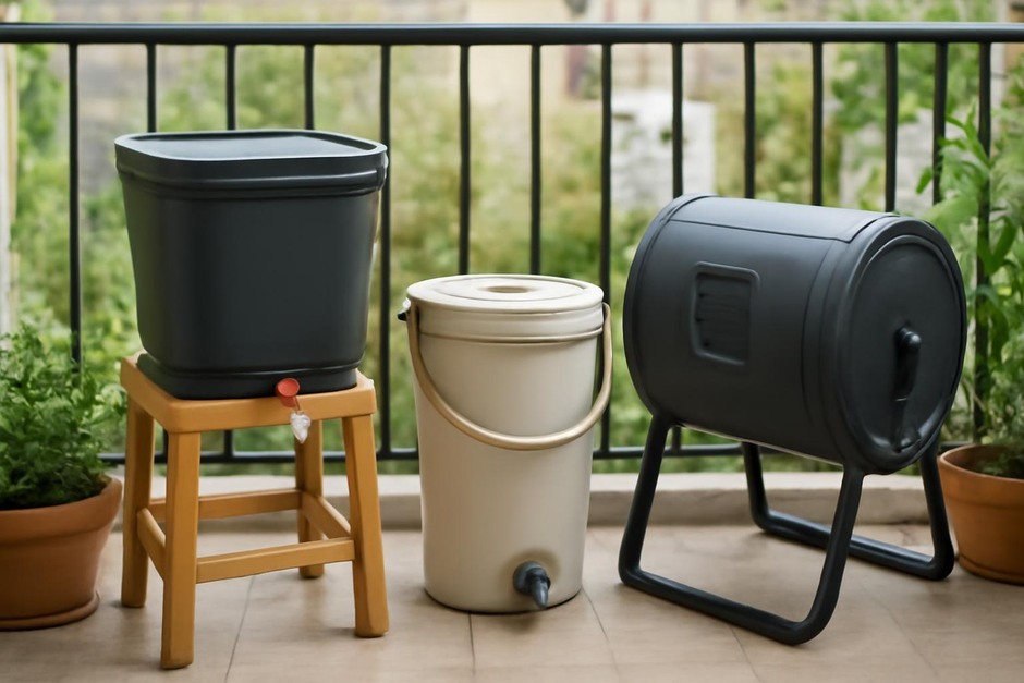 Small compost systems on a balcony: a worm bin, bokashi bucket, and closed tumbler