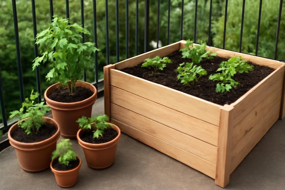 A small wooden raised bed next to a balcony with containers