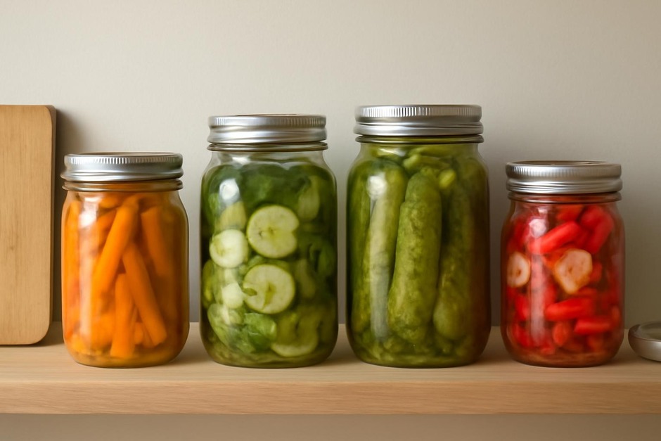 Mason jars filled with colorful pickled vegetables on a kitchen shelf
