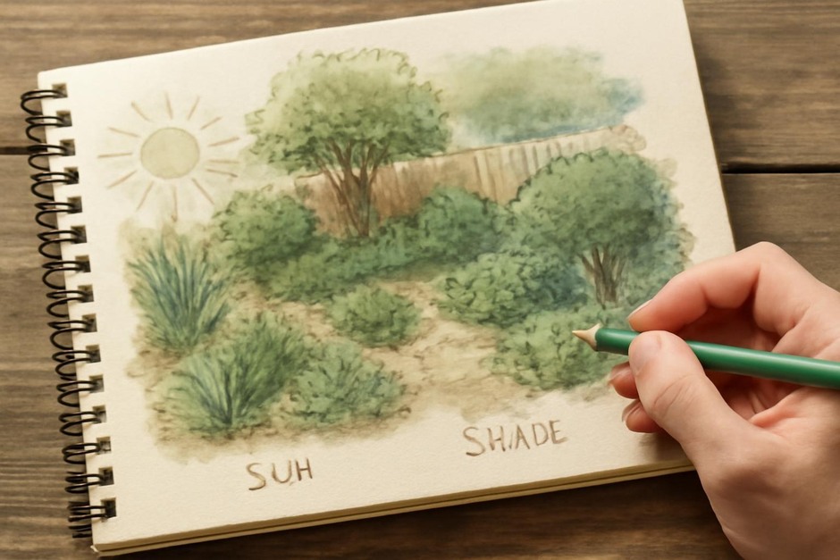 Sketch of a small garden with sun and shade areas noted