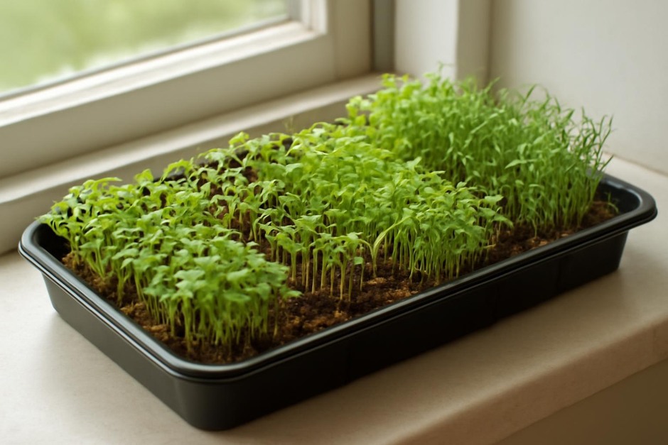 Tray of assorted microgreens on a sunny windowsill