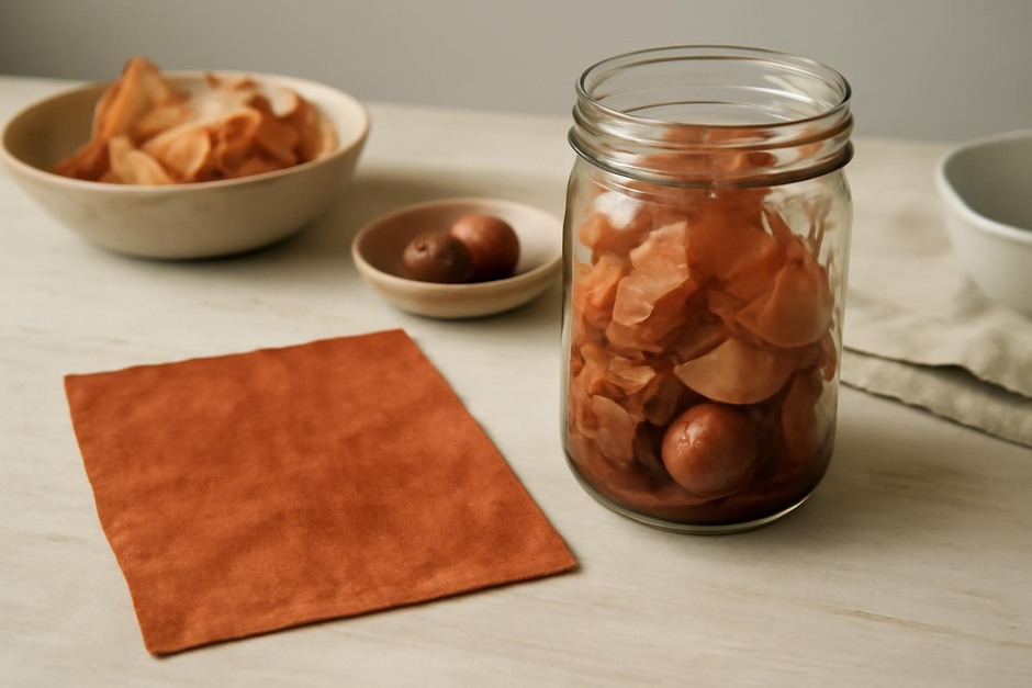 Piece of cotton dyed with warm rust tones beside a jar of onion skins and avocado pits