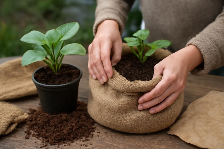 Hands preparing potted tender perennials for winter storage with peat and burlap
