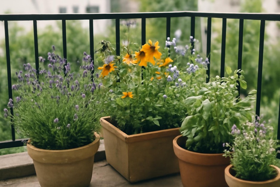Small balcony with mixed containers of flowering herbs and pollinators visiting
