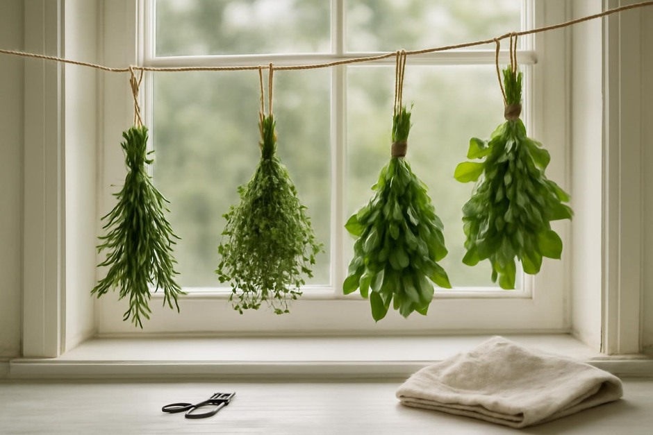 Bundles of drying herbs hanging in a bright kitchen window