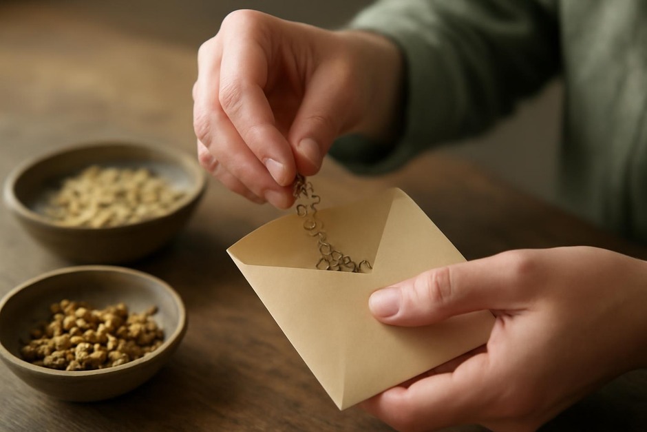 Hand holding seeds over a small paper envelope