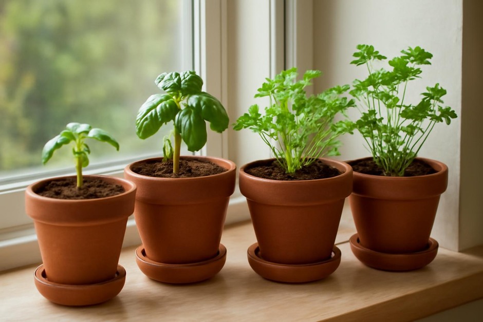Small pots of basil and parsley on a sunny windowsill